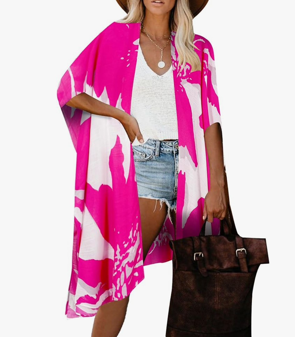 Moss Rose Women's Beach Cover up Swimsuit Kimono with Bohemian Floral Print, Loose Casual Resort Wear