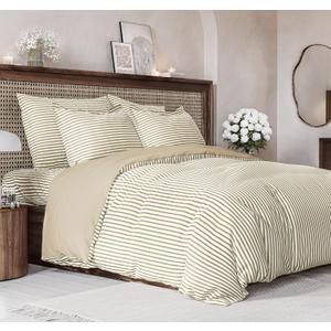 Duvet Cover Full Size Set - Extra Soft Full Size Duvet Cover 80 x 90 with 2 Pillow Shams - Hotel Luxury Easy Care and Fade Free w/ Zipper Closures & Ties - Comfy Breathable Bedding Set (Beige Stripes)