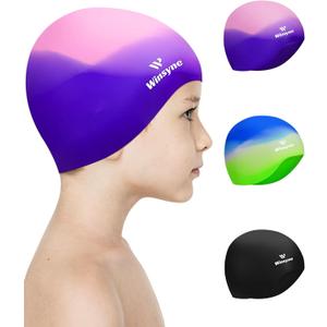 3 Pack Kids Swim Cap for Boys Girls, Unisex Silicone Swimming Caps for 3-15 Toddler Children Teen, Waterproof Bathing Caps for Short/Long Hair to Keep Hair Dry (Age 8-15, Color-02)