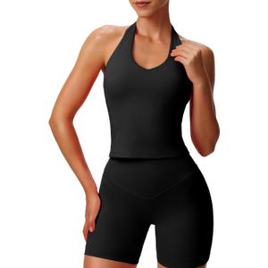 Aoxjox Women's Sleeveless Hailey Halter Tank Tops Workout Athletics Gym Yoga Curve Longline Crop Top (Large, Black)