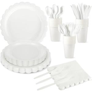 175 Pcs White Paper Plates and Napkins, 25 Guest White Party Supplies Include Scalloped Plates Paper Napkin Cup Plastic Spoon Fork Knive for Baby Shower, Wedding, Birthday
