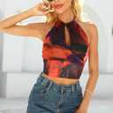 2026 Women's Summer Halter Top V Neck Print Sleeveless Tie Back Mesh Backless Crop Camisoles Tops (Purple, S)