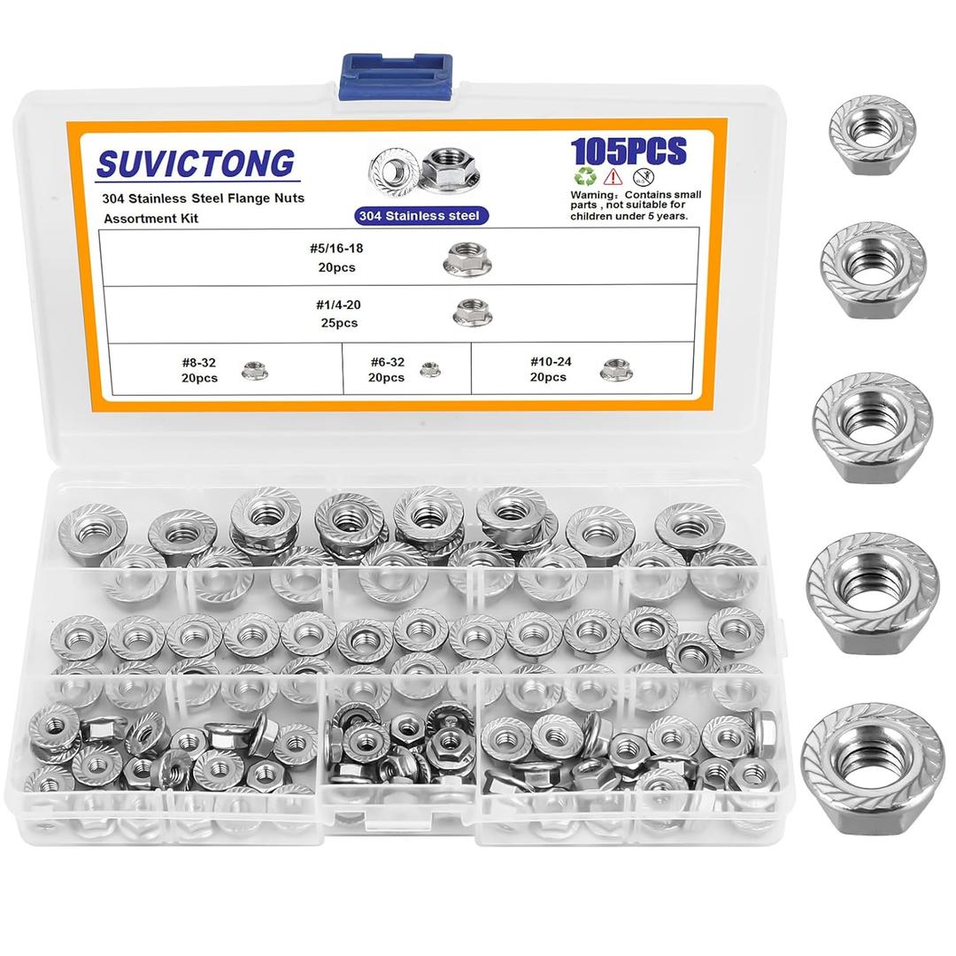 105pcs Serrated Flange Hex Lock Nuts Assortment Kit 304 Stainless Steel 5 Sizes Hexagon Flange Nuts (#6-32#8-32#10-24 1/4"-20 5/16"-18) by SUVICTONG