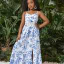 BEAUDRM Girl's Tropical Print Cami Dress Boho Tiered Spaghetti Strap Split Thigh Vacation Flowy Long Dresses (Blue, M)