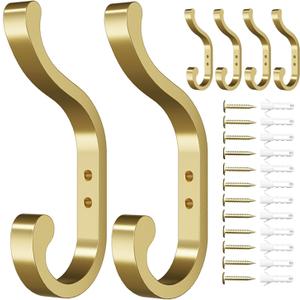 Gold Wall Hooks for Hanging Coats: Metal Mount - Large Heavy Duty (30 Lb) - Screw In - Mudroom for Clothes, Backpack, Purse, Bathroom Towel, 6 Pack