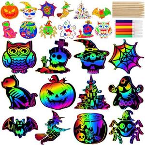 Natonhi Halloween Crafts Scratch Art for Kids, 96PCS Halloween Games Magic Rainbow Scratch Paper Off Cards Set for Sudent Classroom Activities Crafts Party Favors