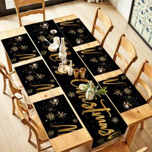 Black and Gold Merry Christmas Table Runner and Placemats Set of 6, 13"x72" Runner with 12"x18" Placemats, Elegant Holiday Dining Set for Kitchen and Farmhouse Dcor