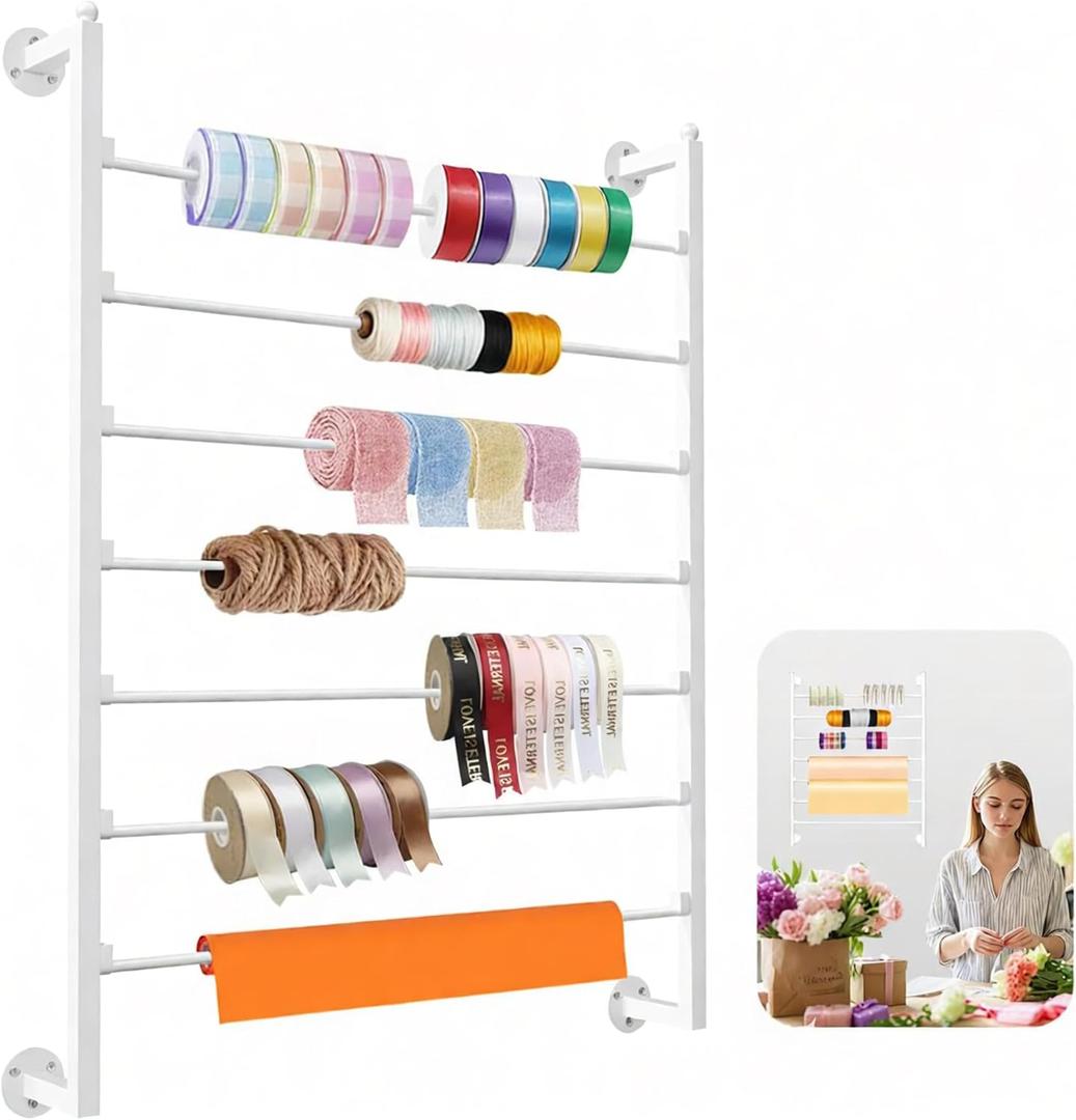 Ribbon Storage Organizer,Wall Mounted Ribbon Holder Rack,7 Tier Large Capacity Metal Ribbon Storage for Craft Room,Flower Shop,Cake Shop,Gift Wrapping Paper,White