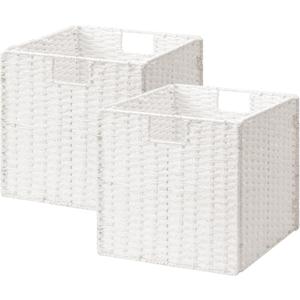 StorageWorks 13 inch Wicker Storage Baskets, Foldable Handwoven Wicker Basket for Organizing, Paper Rope Square Storage Cubes, White, 2 Pack