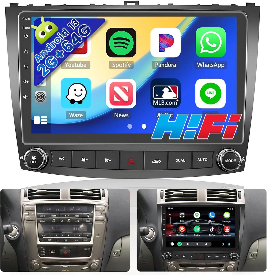 [2+64G] Android Stereo Carplay for Lexus IS250 IS300 IS350 2006-2010, HD Touchscreen Car Radio 10.1 Inch with Wireless Android Auto GPS Navigation BT HiFi RDS Backup Camera