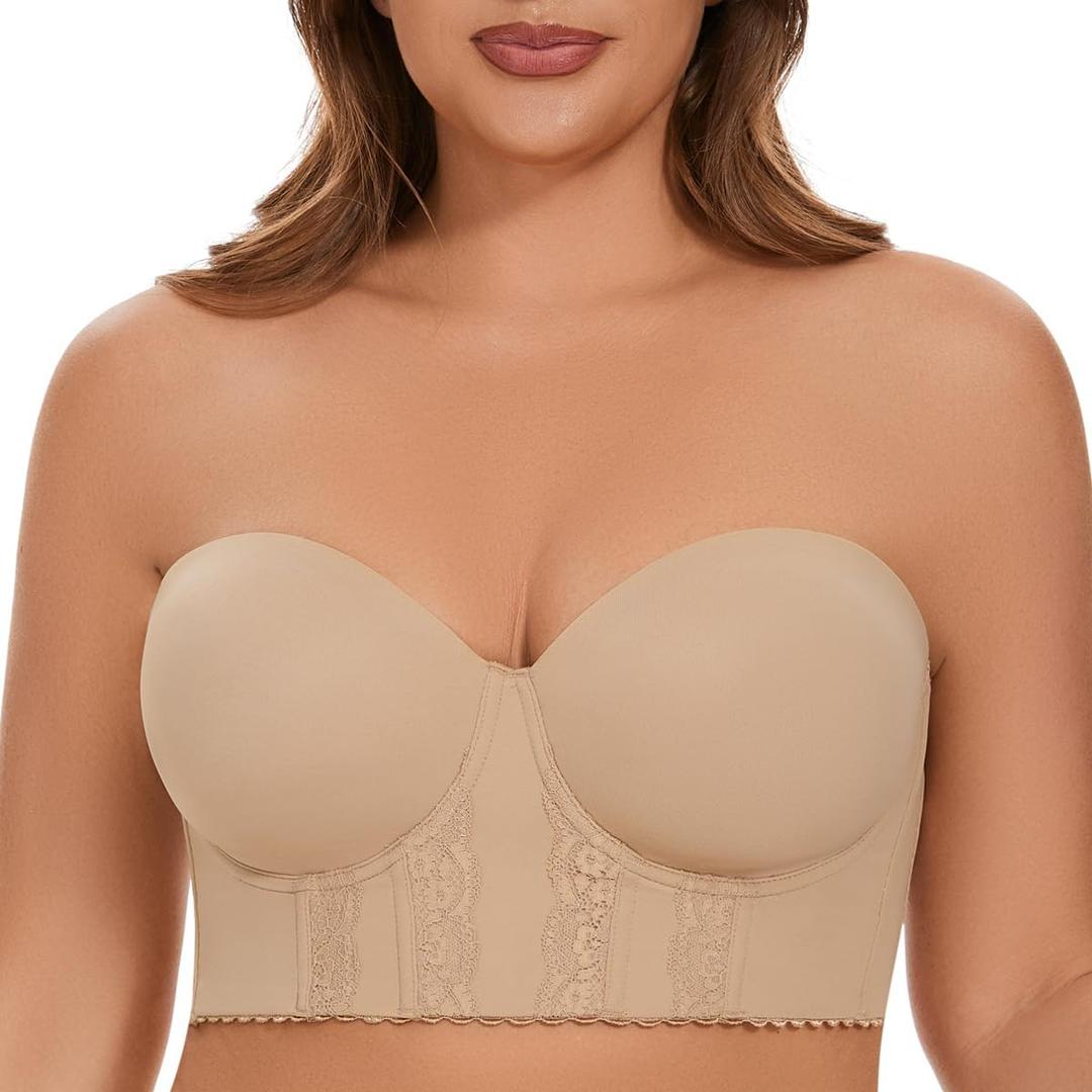 Women Longline Strapless Bra Seamless Bustier Bra Hide Back Fat (Beige)
