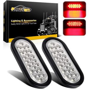 Partsam 2x Oval Brake Stop Tail Turn Sealed Marker Lights Red Flush Mount 6.3" Inch 24 LED Truck Trailer Boat Utility Clear Lens w/Rubber Grommet Waterproof 12V