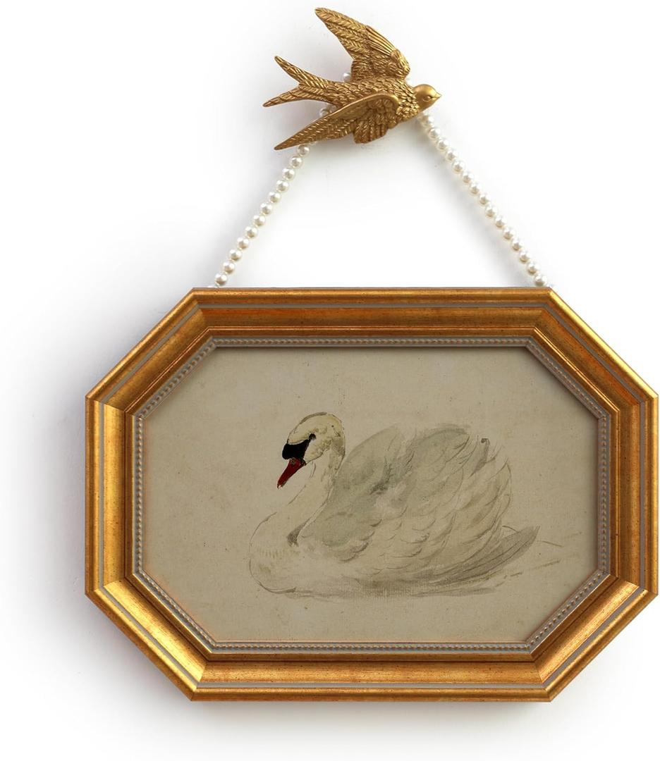 Gold Framed Canvas Wall Art Vintage Decor,White Swan Painting Prints,8"x12"Picture Frame With Accessories for Living Room Bathroom Kitchen Bedroom