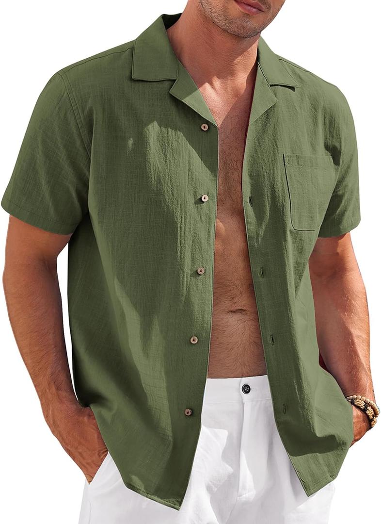 COOFANDY Mens Casual Cotton Linen Shirt Short Sleeve Button Up Shirts Summer Beach Top (3X-Large, Army Green)
