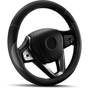 Car Steering Wheel Cover - Universal Car Accessory for Diverse Cars, Leather Cover with Anti-Slip Lining, for Steering Wheel with a Diameter of 14.5"-15",Black