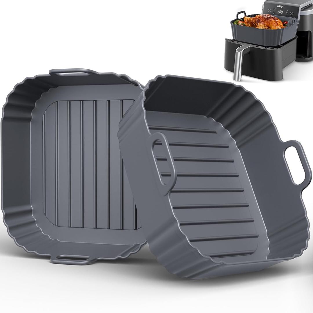 Square Silicone Air Fryer Liners 2 Pack, Compatible with Ninja AF141 181, 8.5 Inch Air Fryer Liners for COSORI 5-6.5 QT, Reusable Silicone Basket, Air Fryer Accessories (Gray)