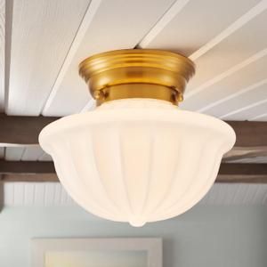 Schoolhouse Light Fixture Gold, 9" Modern Mid Century Semi Flush Mount Ceiling Light with Opal Milk Glass Shade for Bedroom, Kitchen, Dining Room, Bathroom, Hallway, Stairway, Entryway
