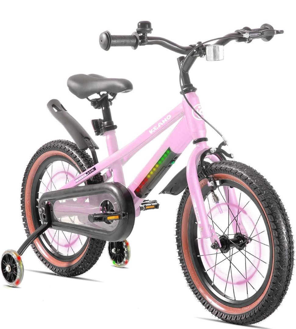 KEANO 16" Kids Bike for 5-8 Yrs, Light-Up Training Wheels, 16 Inch with Training Wheels, Pink