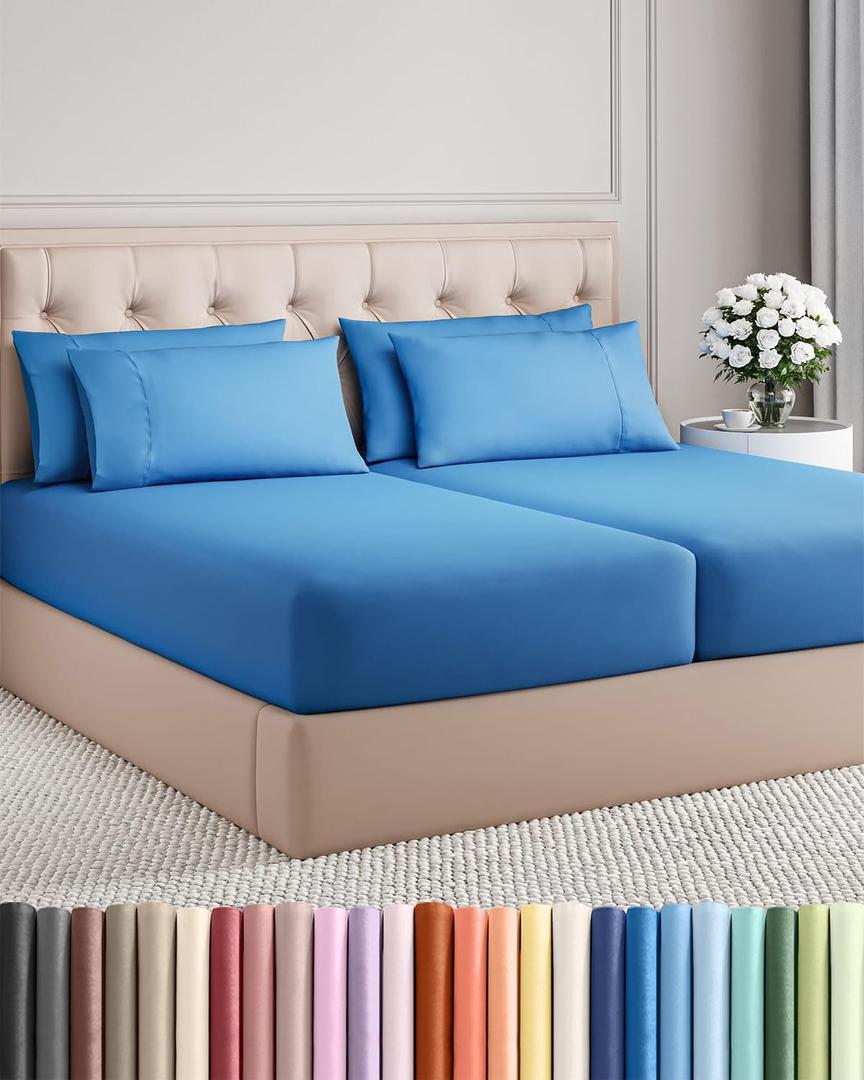 Split King 7 Piece Sheet Set - Comfy, Breathable & Cooling - Soft Hotel Luxury Bedding for Women, Men, Kids, Teens & Children - 1 Flat & 2 Fitted Sheets & 4 Pillowcases w/ Deep Pockets - Royal Blue