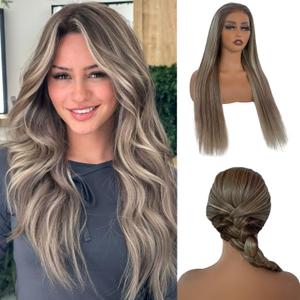 Munx Ombre Highlight Ash Blonde Lace Front Wigs Human Hair, 13x6 HD Straight Lace Front Wigs Human Hair Pre Plucked Balayage Glueless 180% Density Brown Roots Highlight Human Hair Wig 20"