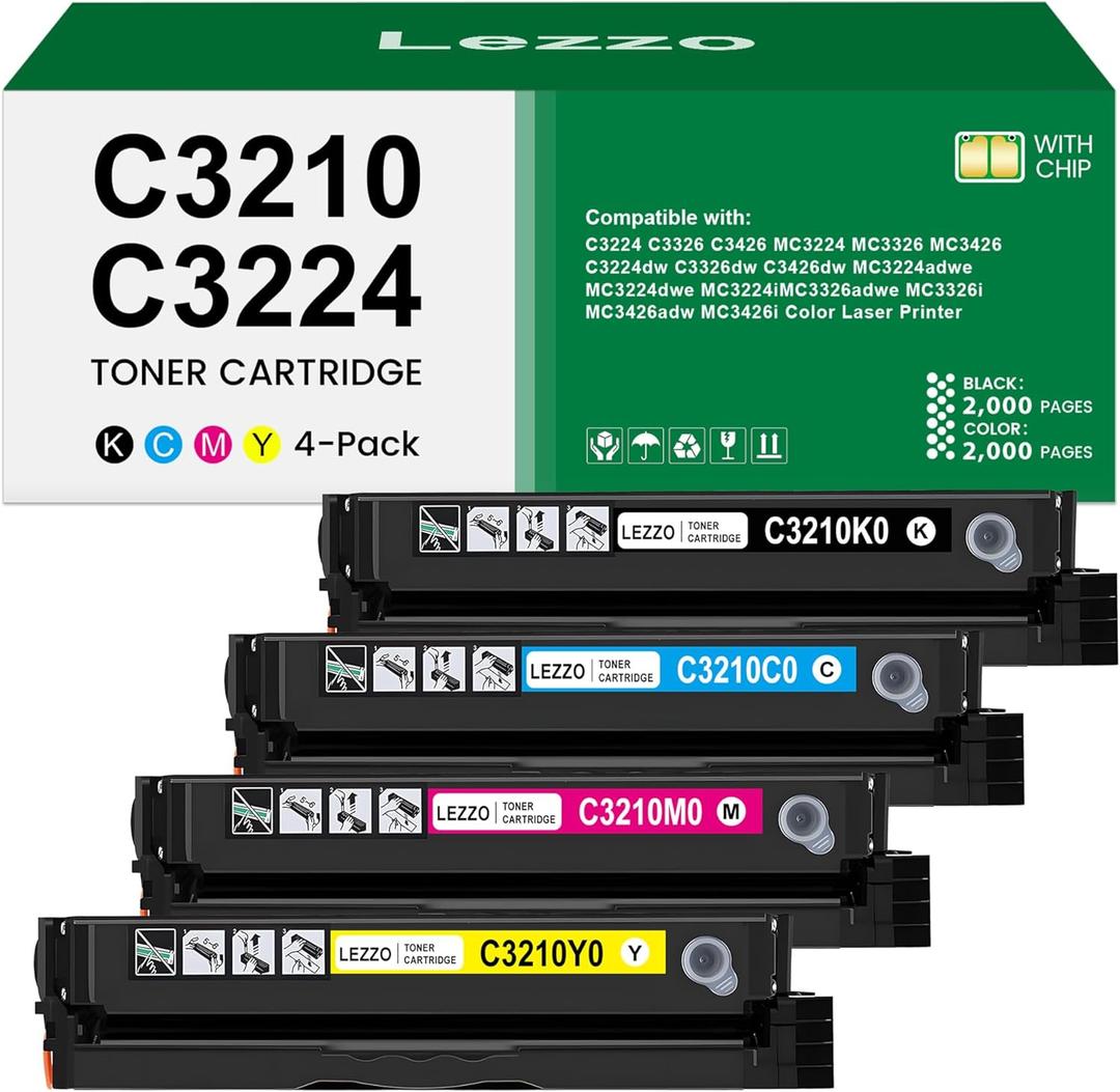 C3224 MC3224 Toner Cartridges 4-Color C3210K0 C3210C0 C3210M0 C3210Y0 Black Cyan Magenta Yellow Toner Replacement for Lexmark C3224 Toner for C3326 C3426 MC3224 MC3326 MC3426 Printer ink (with Chip)
