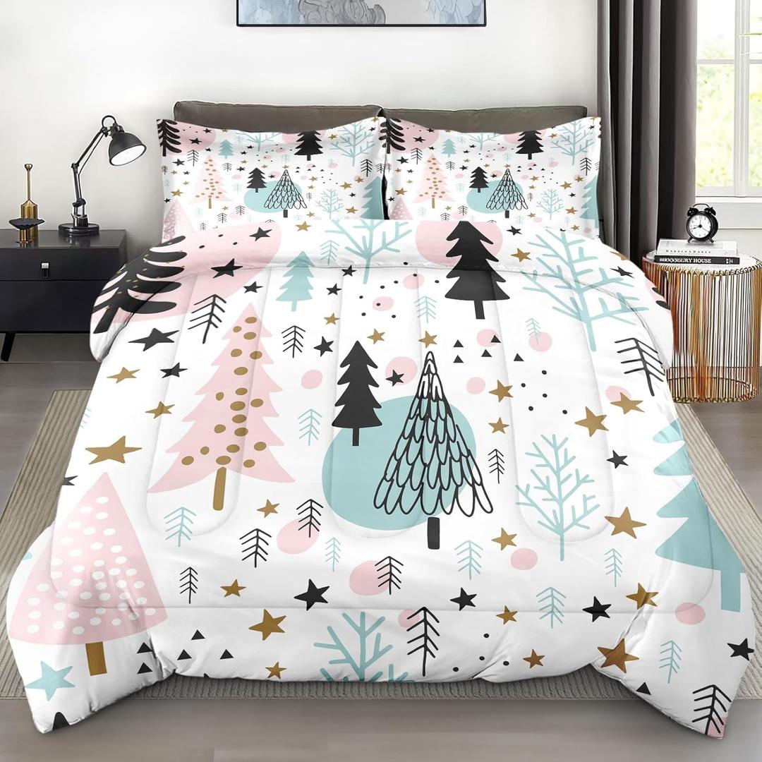 Christmas Comforter Set King Size, Cute Forest Trees Stars Soft 3 Pcs Bedding for Kids and Adults, Winter Christmas Comforter Set with 2 Pillowcases, for Bedroom Bed Decor