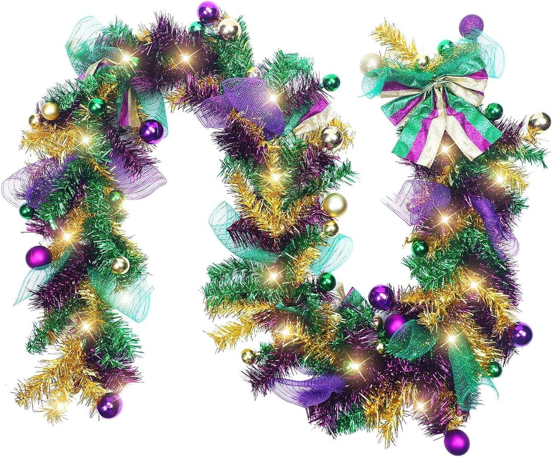 6 ft Artificial Mardi Gras Garland with Lights Mardi Gras Hanging Garland with LED Mixed Ball Carnival Pre Lit Outdoor Decorations for Door Mantle Tree Window Fireplace Kitchen Wall