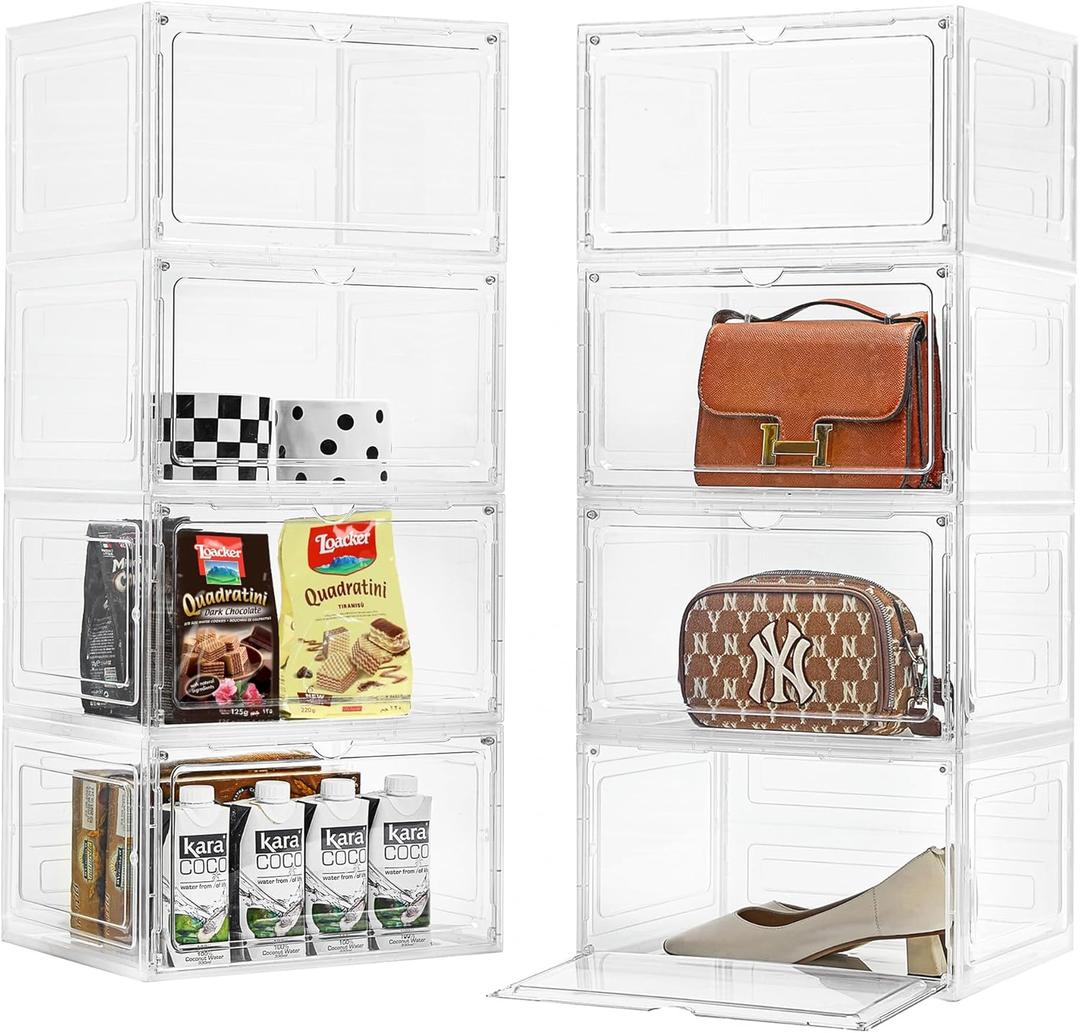 Purse Organizer For Closet 8 Pack Stackable Storage Bins With Lids Clear Plastic Handbag Organizer Purse Storage With Magnetic Door Display Case For Cosmetic Hats, Clear White