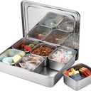 JUXYES Stainless Steel Divided Serving Tray with Lid, Portable Snackle Box Charcuterie Container with 6 Removable Compartments for Party Travel, Snack Platter Organizer for Fruits, Candy, Nuts, Snack