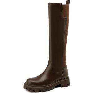 Women's Knee High Boots Fashion Platform Lug Sole Tall Riding Boots Comfortable Stretch Calf Dress Long Boots (8, Brown)