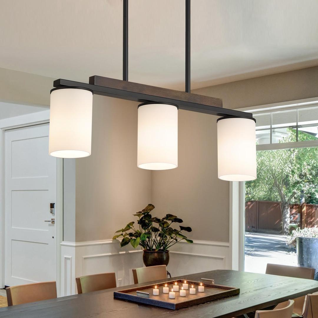 Mecgirn Farmhouse Dining Room Light Fixtures Over Table, Black Pendant Lights for Kitchen Island with Milk Glass Shade, 3 Light Linear Chandelier Lighting with Wood