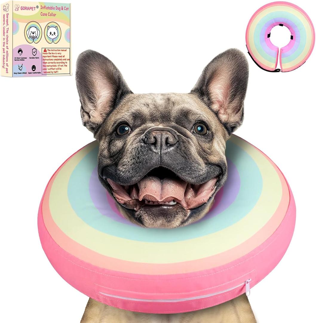 Inflatable Dog Cone Collar Alternative After Surgery, Soft Donut Neck Cone for Beagle Dachshund Medium Dogs, etc, Comfortable Protective E Collar Recovery Cone Not Block Vision (Rainbow)
