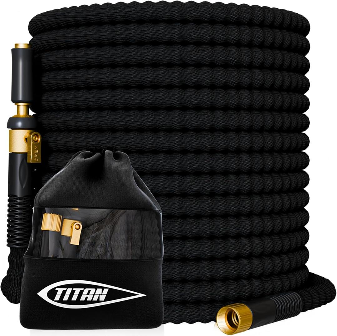 TITAN 50 ft Garden Hose Lightweight Flexible Water Hose, Kink-Free Non-Expanding, High Flow, Solid Brass Fittings, Leak-Proof with Nozzle
