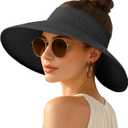 Women's Sun Visor Hats Wide Brim Straw Beach Hat Ponytail Hats for Women Foldable Floppy (Black)