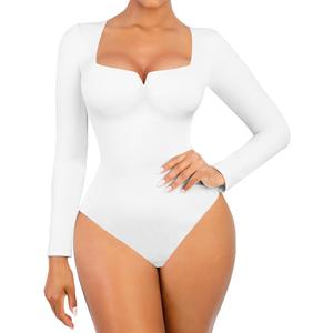FeelinGirl Long Sleeve Bodysuit for Women Square Neck Notched Body Suits Slim Fit Thong Bodysuit Jumpsuit Corset Tops White M