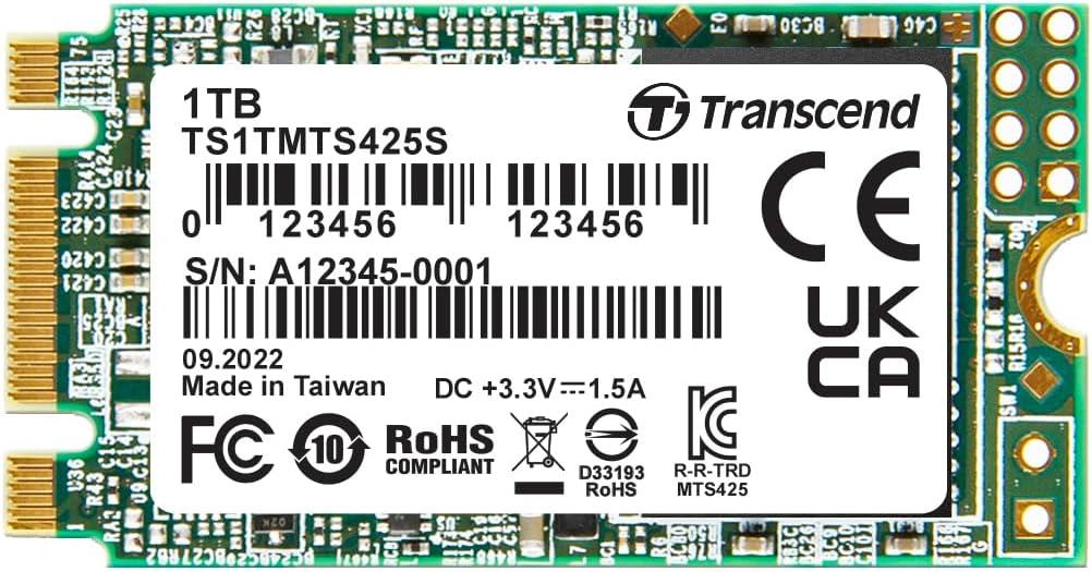 Transcend 1TB M.2 2242 SATA III SSD, Up to 550MB/s, Compatible with Ultrabook, Laptop, PC, Desktop, 3D TLC NAND Flash Internal Solid State Drive, LDPC Error Correction, SLC Cache, B+M Key - MTS425S