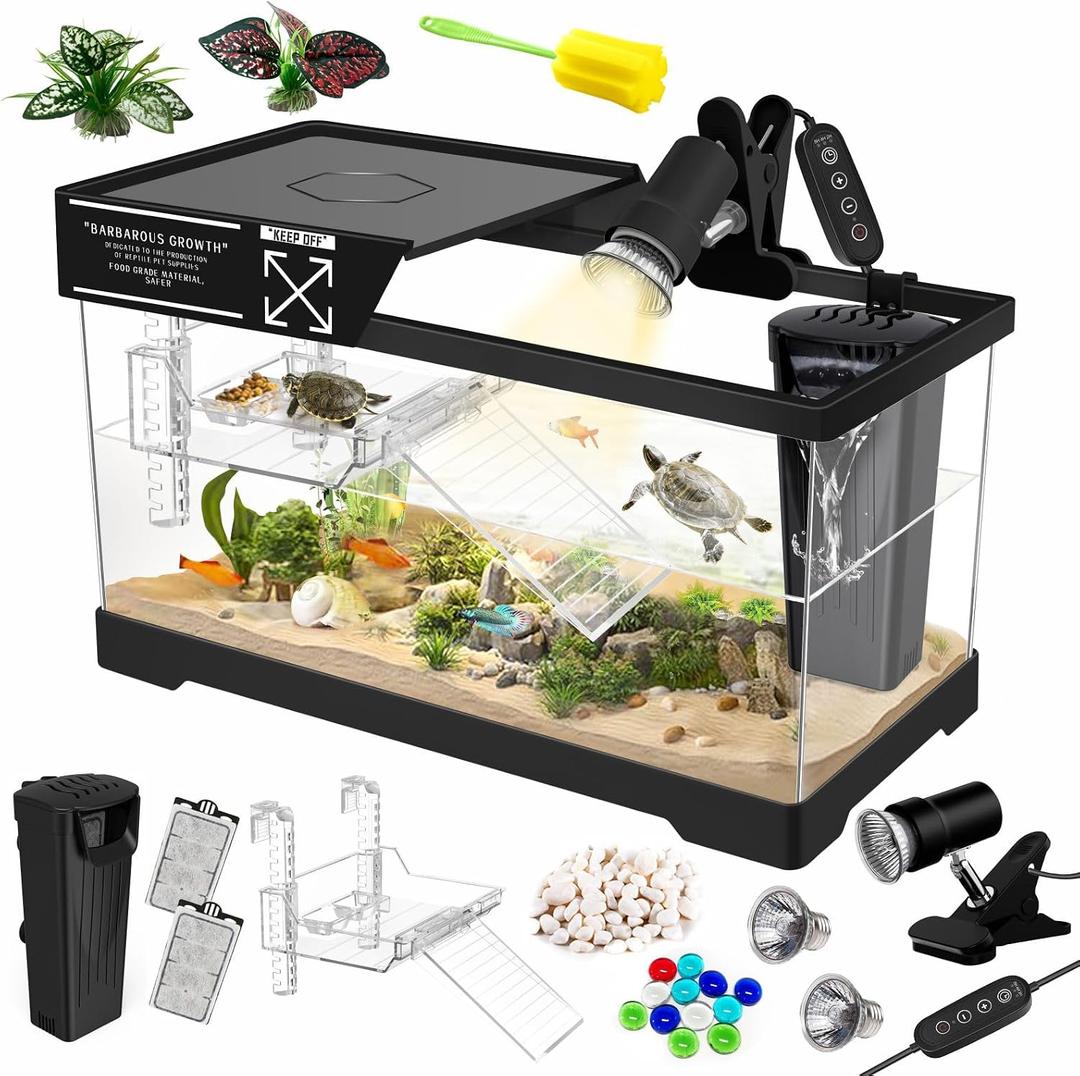 GOZILLA Aquatic Turtle Tank Kit+Lamp+Filter, Upgrade PC Turtle Tank Starter Kit with Adjustable Lamp & Filter,Reptile Habitat with Lid,Hanging Platform for Small Reptiles.(15.75×7.9×9''/Black Kit)