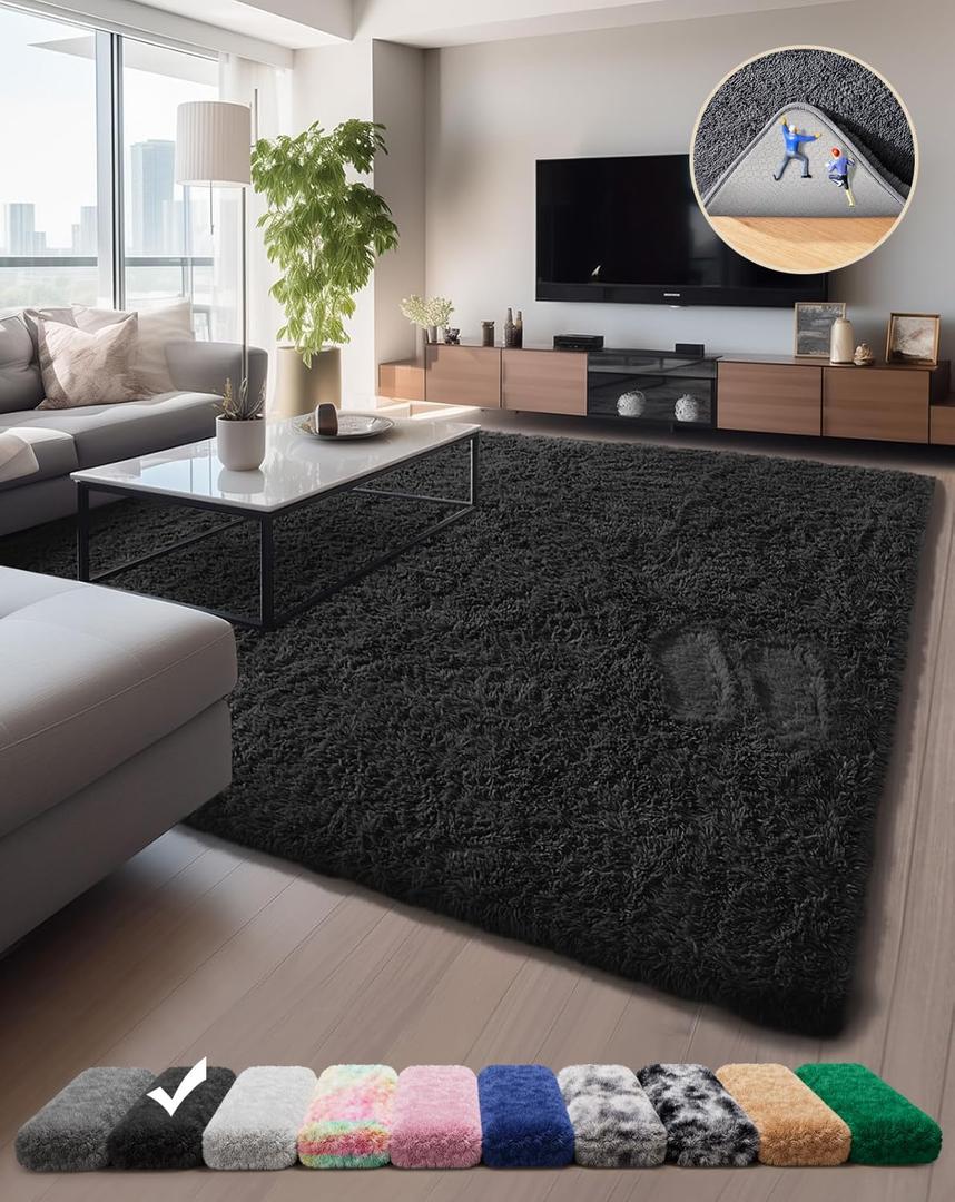 Ophanie 5x8 Rugs for Living Room, Charcoal Black, Large Fluffy Fuzzy Plush Shag Shag Comfy Soft, Non-Slip Indoor Floor Carpet, for Kids Boys Girls Dorm, Room, Bedroom, Playroom, Home Decor Aesthetic