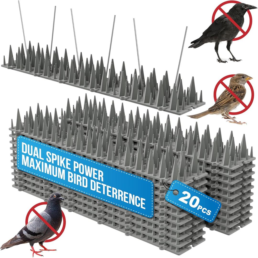 Petfolio 20 Pack Bird Spikes Deterrent - 20ft Pigeon Deterrent for Balcony. 3200 Spikes to Keep Birds Away. Bird Spikes for Outside To Keep Birds Away & Deter Swallows From Nesting, Squirrel Deterrent
