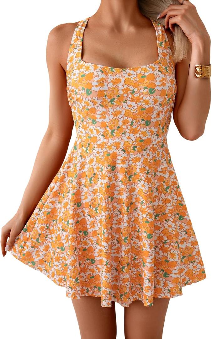 B2prity Women's One Piece Swimdress Swimsuit Tummy Control Swim Dress Modest Full Coverage Bathing Suit with Side Pocket (Medium, Orange White Floral)