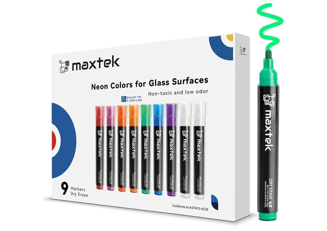maxtek Neon Dry Erase Markers for Glass,Window Markers for Dry Erase Board,Chalkboard,LED Note Board,Acrylic Refrigerator Calendar,Bullet Tip,Low Odor,Assorted Colors,9 Count