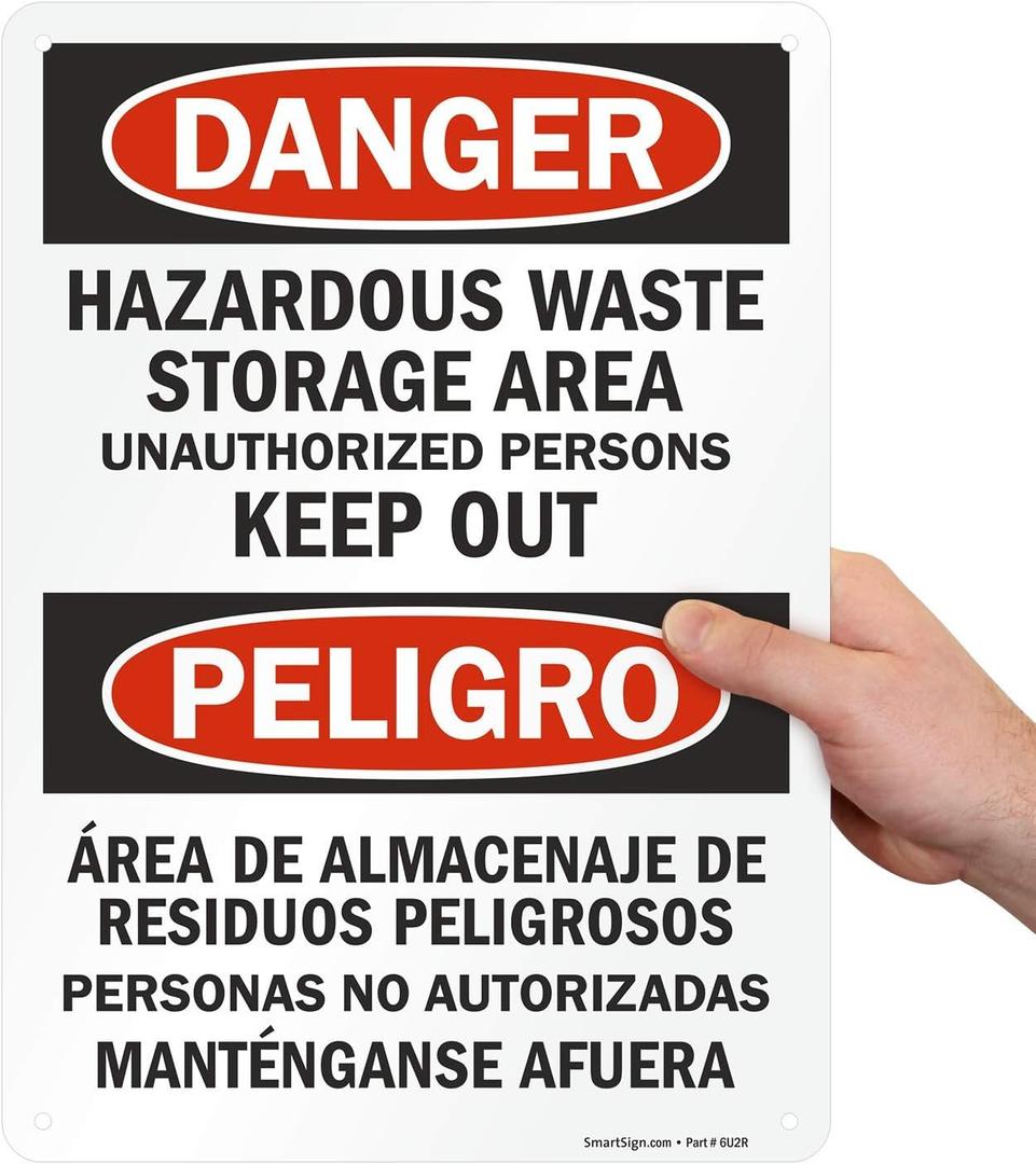 SmartSign "Danger - Hazardous Waste Storage Area, Keep Out" Bilingual Sign | 10" x 14" Plastic
