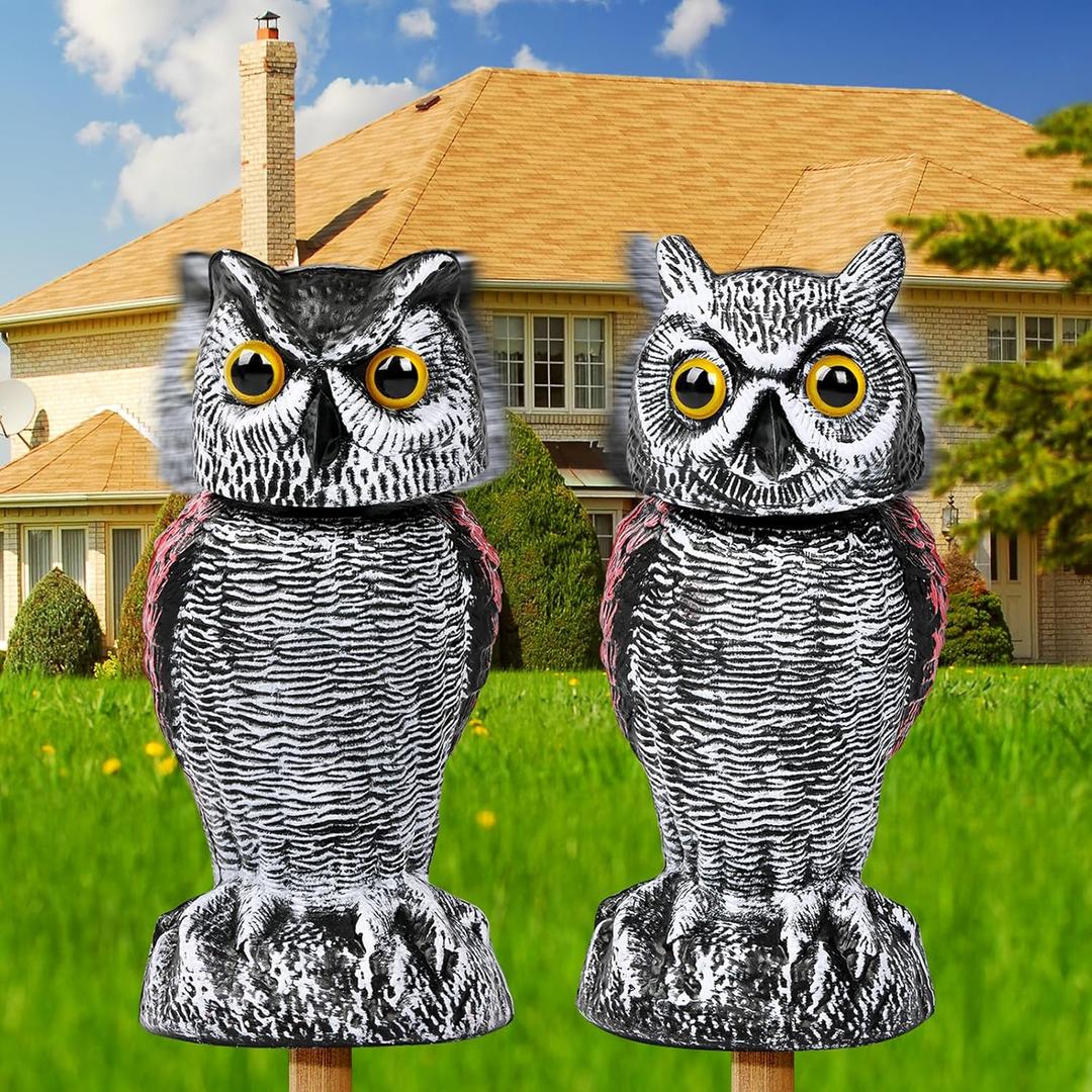 Fake Owl Decoy, Rotating Head Plastic Garden Owl Scarecrow for Garden Waterproof Owl Statue for Courtyard Orchard Doorway Roof Owl Decor 2 Pack