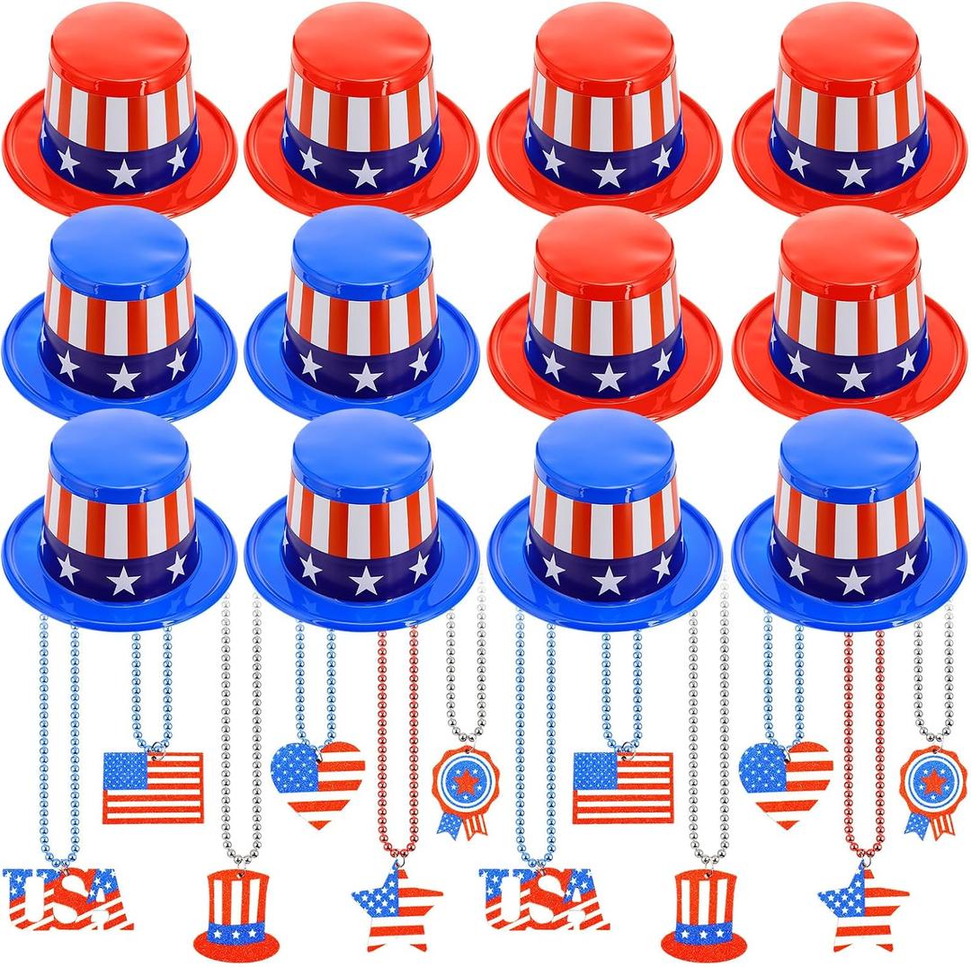 12 Pcs 4th of July Accessories Bulk Patriotic Plastic Top Hat with Red White Blue Necklaces USA Patriotic Party Supply (Classic), 4.7 inches x 11.2 inches x 9.6 inches