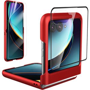 Foluu Slim Fit Case for Motorola Razr Plus 2023, with 1 Pack Soft Inner TPU Moto Razr Plus 2023 Screen Protector, 1 Pack Front Built-in Screen Protector, Matte PC Cover for Motorola Razr+ 2023 Red