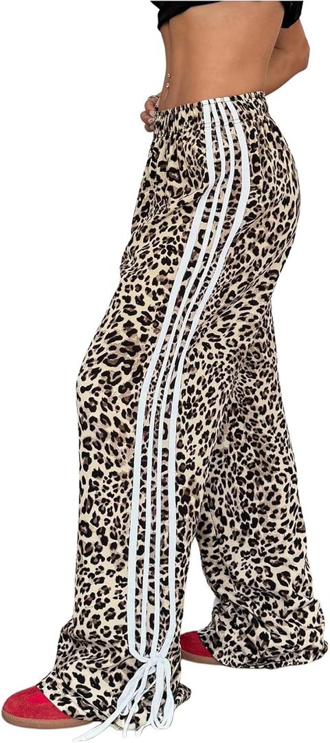 Verdusa Women's Loose Wide Leg Pants Tie Side Striped Elastic Waist Trousers (Brown Leopard)