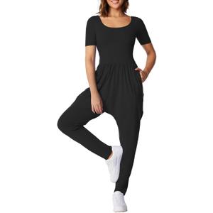 Casei Womens Summer Casual Jumpsuits Harem Pants One Piece Short Sleeve Square Neck Strap Baggy Romper With Pockets M