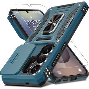 DEERLAMN Case for Samsung Galaxy S26 Ultra 6.9-Inch with Slide Camera Cover+Screen Protector(1 Pack), Rotated Ring Kickstand Military Grade Shockproof Protective Cover-Light Blue