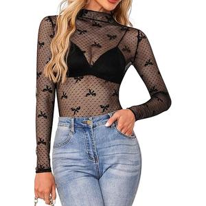 FEOYA Womens Mesh Long Sleeve Top Lace See Through Fitted Layering Tops Floral Sexy Casual Trendy Night Club Black Lace Shirt, Black, Large