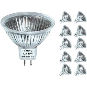 Vinaco MR16 Halogen Bulb 50W 12V, 10 Pack MR16 Bulb Dimmable, Long Lasting MR16 12V 50W Halogen, 2800K Warm White 50 W 12v Bulb with GU5.3 Base, for Landscape, Track Lights, and Fiber Optics